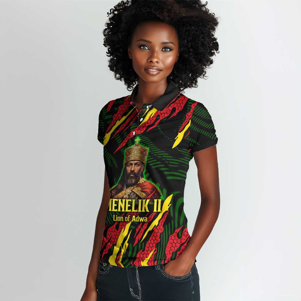 Menelik II Women Polo Shirt with Lion of Adwa Title, Battle of Adwa 1896 Graphic and Bold Pan-African - Wonder Print Shop