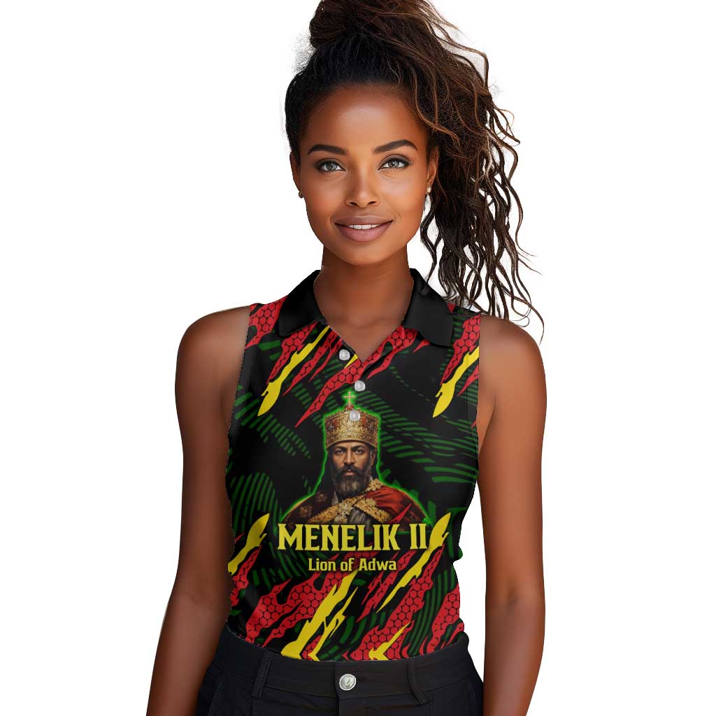 Menelik II Women Sleeveless Polo Shirt with Lion of Adwa Title, Battle of Adwa 1896 Graphic and Bold Pan-African - Wonder Print Shop
