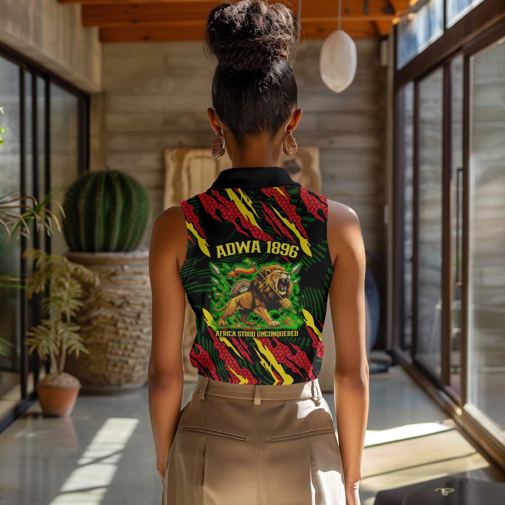 Menelik II Women Sleeveless Polo Shirt with Lion of Adwa Title, Battle of Adwa 1896 Graphic and Bold Pan-African - Wonder Print Shop