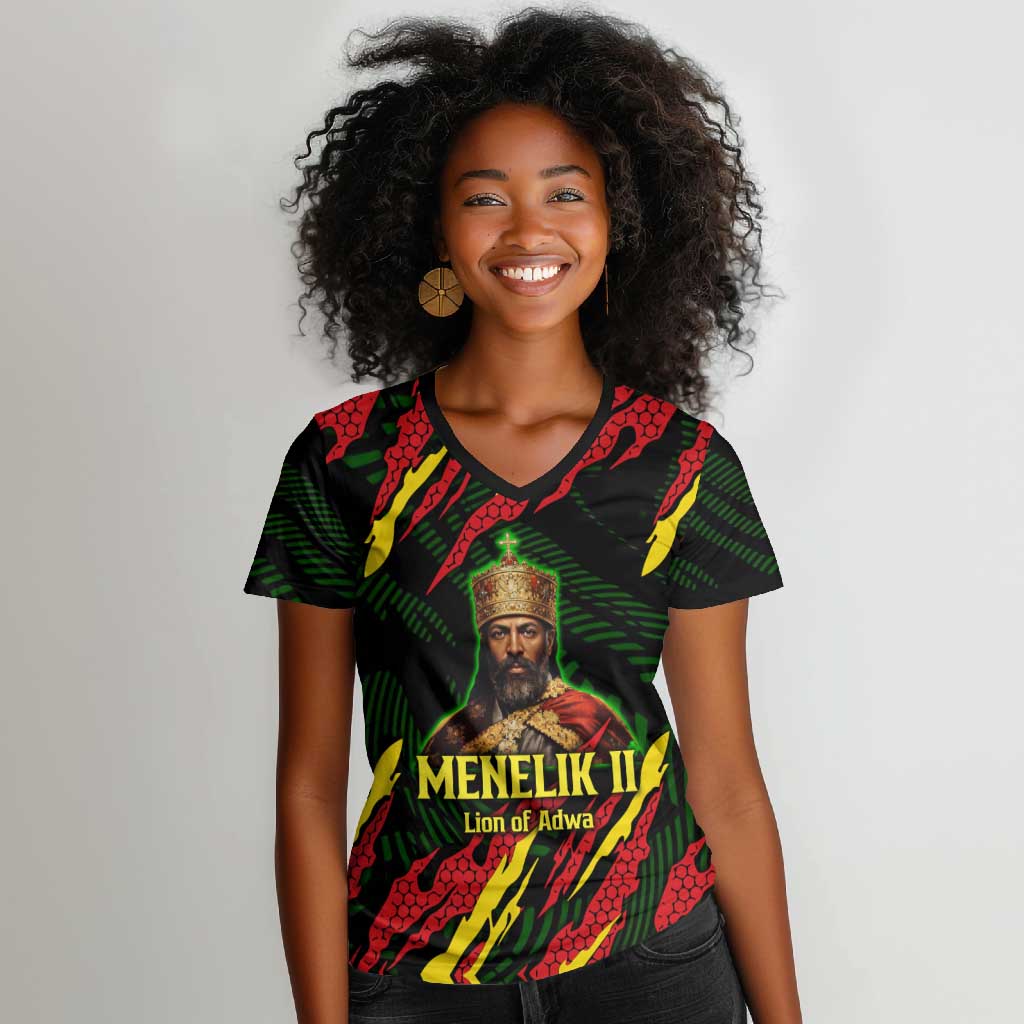 Menelik II Women V-Neck T-Shirt with Lion of Adwa Title, Battle of Adwa 1896 Graphic and Bold Pan-African - Wonder Print Shop