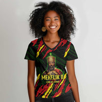 Menelik II Women V-Neck T-Shirt with Lion of Adwa Title, Battle of Adwa 1896 Graphic and Bold Pan-African - Wonder Print Shop