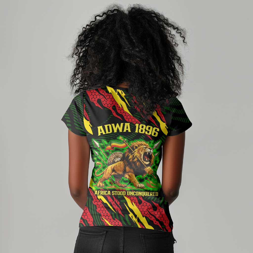 Menelik II Women V-Neck T-Shirt with Lion of Adwa Title, Battle of Adwa 1896 Graphic and Bold Pan-African - Wonder Print Shop