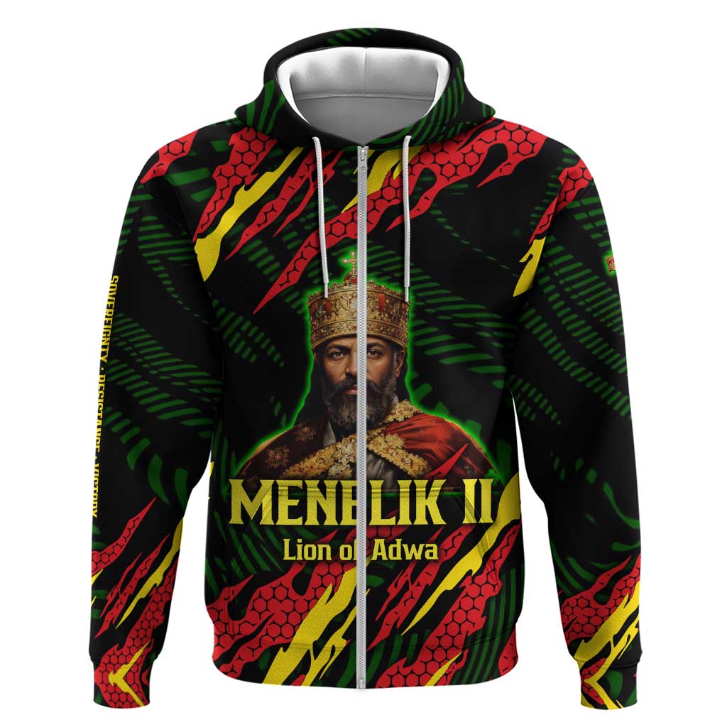 Menelik II Zip Hoodie with Lion of Adwa Title, Battle of Adwa 1896 Graphic and Bold Pan-African - Wonder Print Shop
