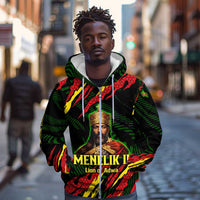 Menelik II Zip Hoodie with Lion of Adwa Title, Battle of Adwa 1896 Graphic and Bold Pan-African - Wonder Print Shop