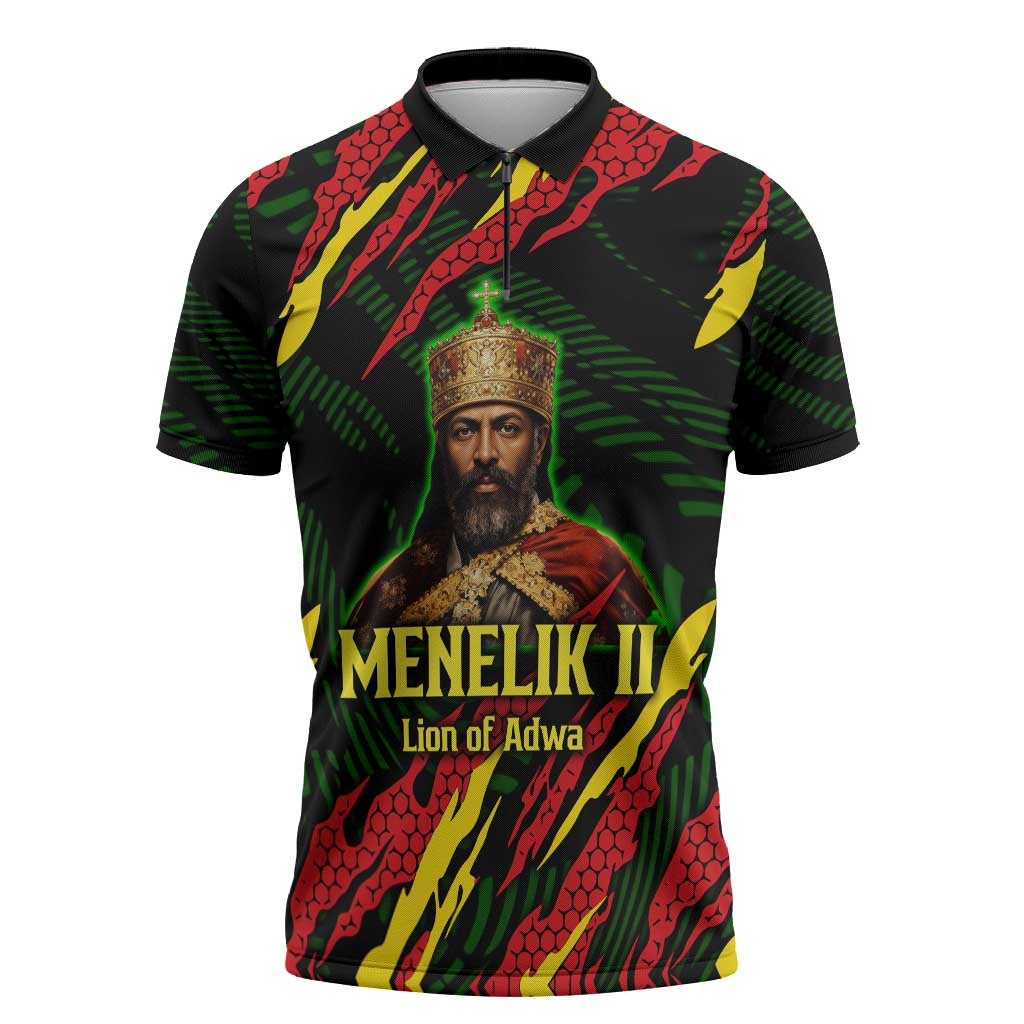 Menelik II Zipper Polo Shirt with Lion of Adwa Title, Battle of Adwa 1896 Graphic and Bold Pan-African - Wonder Print Shop
