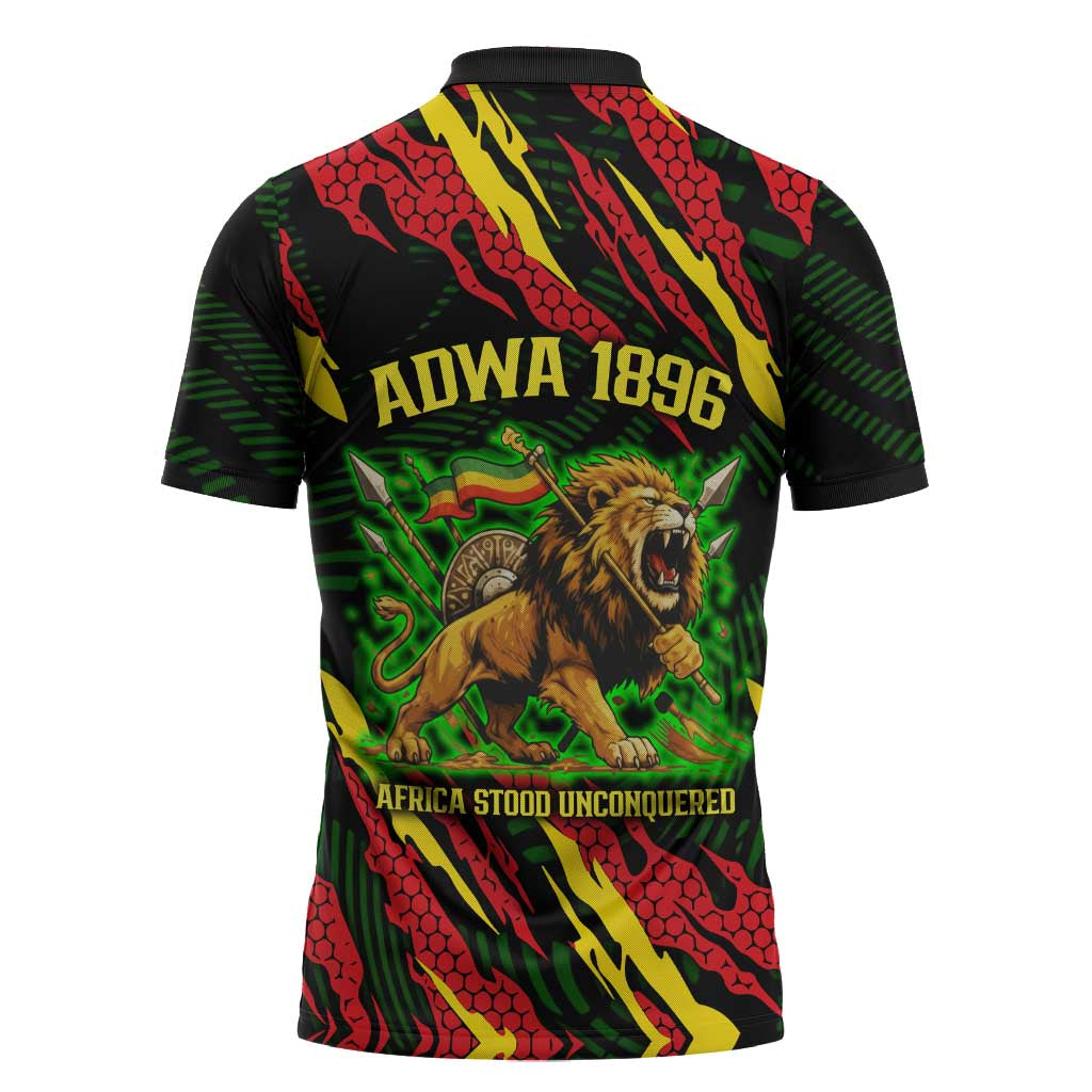 Menelik II Zipper Polo Shirt with Lion of Adwa Title, Battle of Adwa 1896 Graphic and Bold Pan-African - Wonder Print Shop