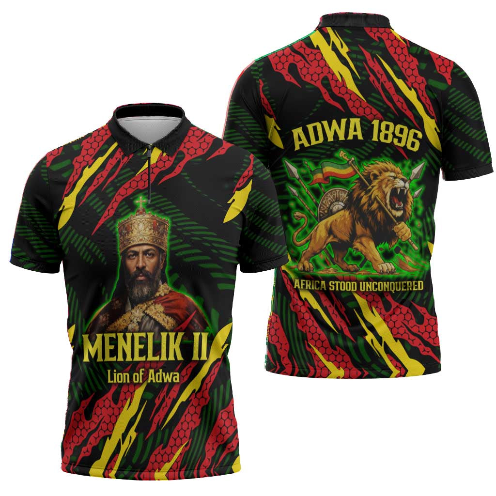 Menelik II Zipper Polo Shirt with Lion of Adwa Title, Battle of Adwa 1896 Graphic and Bold Pan-African - Wonder Print Shop