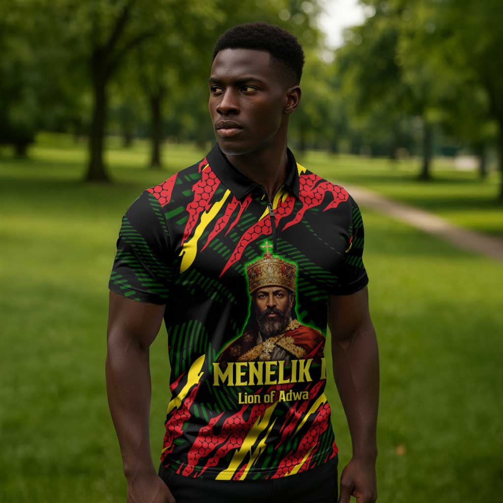 Menelik II Zipper Polo Shirt with Lion of Adwa Title, Battle of Adwa 1896 Graphic and Bold Pan-African - Wonder Print Shop