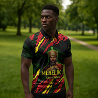 Menelik II Zipper Polo Shirt with Lion of Adwa Title, Battle of Adwa 1896 Graphic and Bold Pan-African - Wonder Print Shop