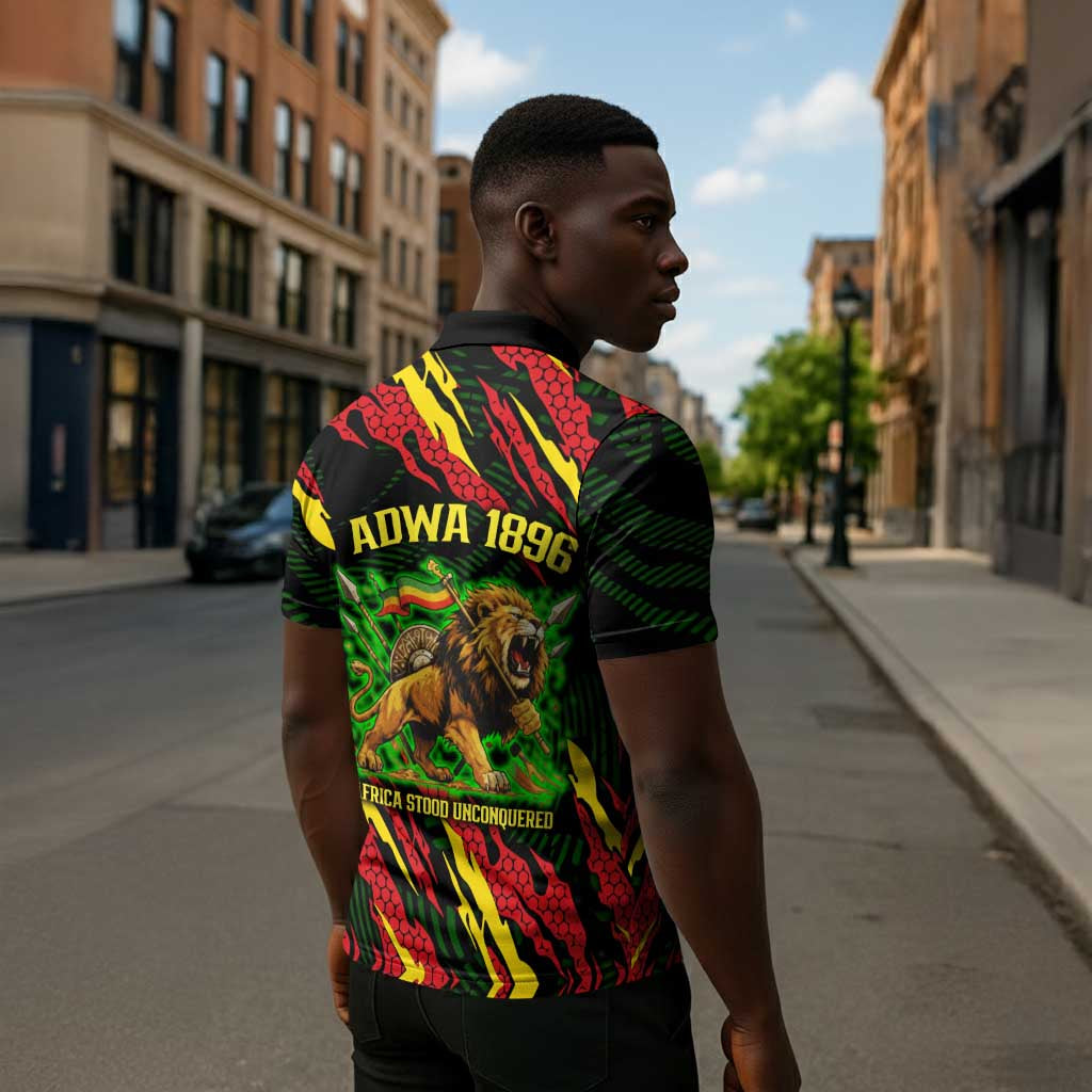 Menelik II Zipper Polo Shirt with Lion of Adwa Title, Battle of Adwa 1896 Graphic and Bold Pan-African - Wonder Print Shop