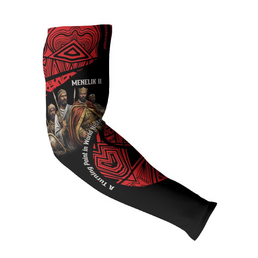 Menelik II Arm Sleeves with Adwa Victory Map, Africa Defeated an Empire Text and Red Geometric - Wonder Print Shop