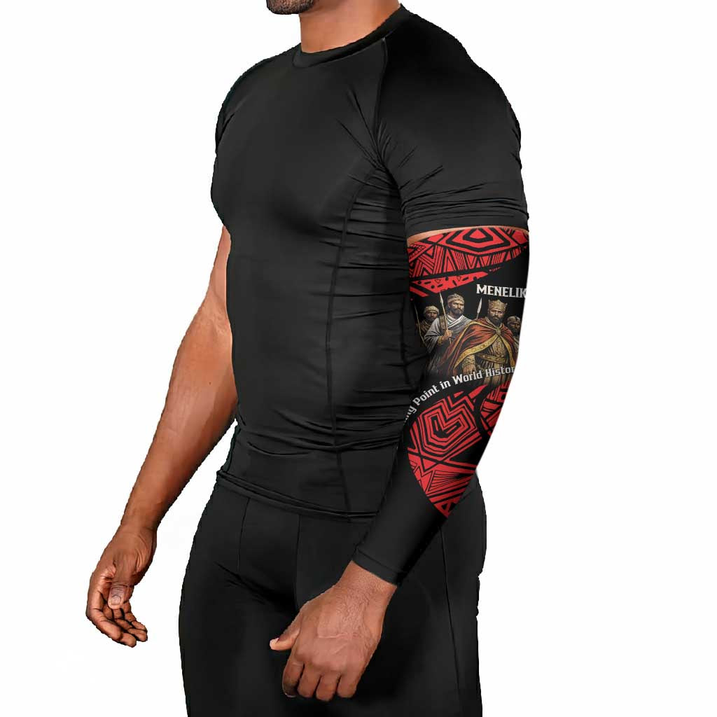 Menelik II Arm Sleeves with Adwa Victory Map, Africa Defeated an Empire Text and Red Geometric - Wonder Print Shop