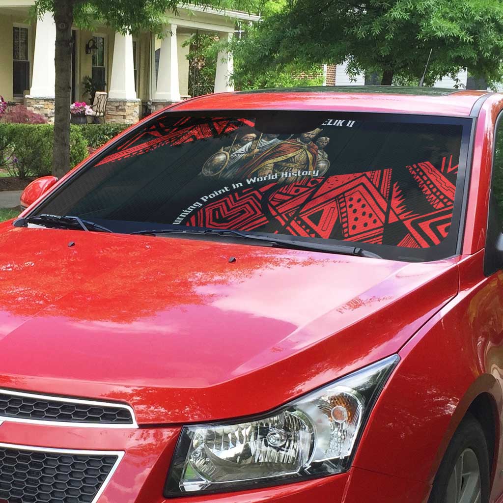 Menelik II Auto Sun Shade with Adwa Victory Map, Africa Defeated an Empire Text and Red Geometric - Wonder Print Shop