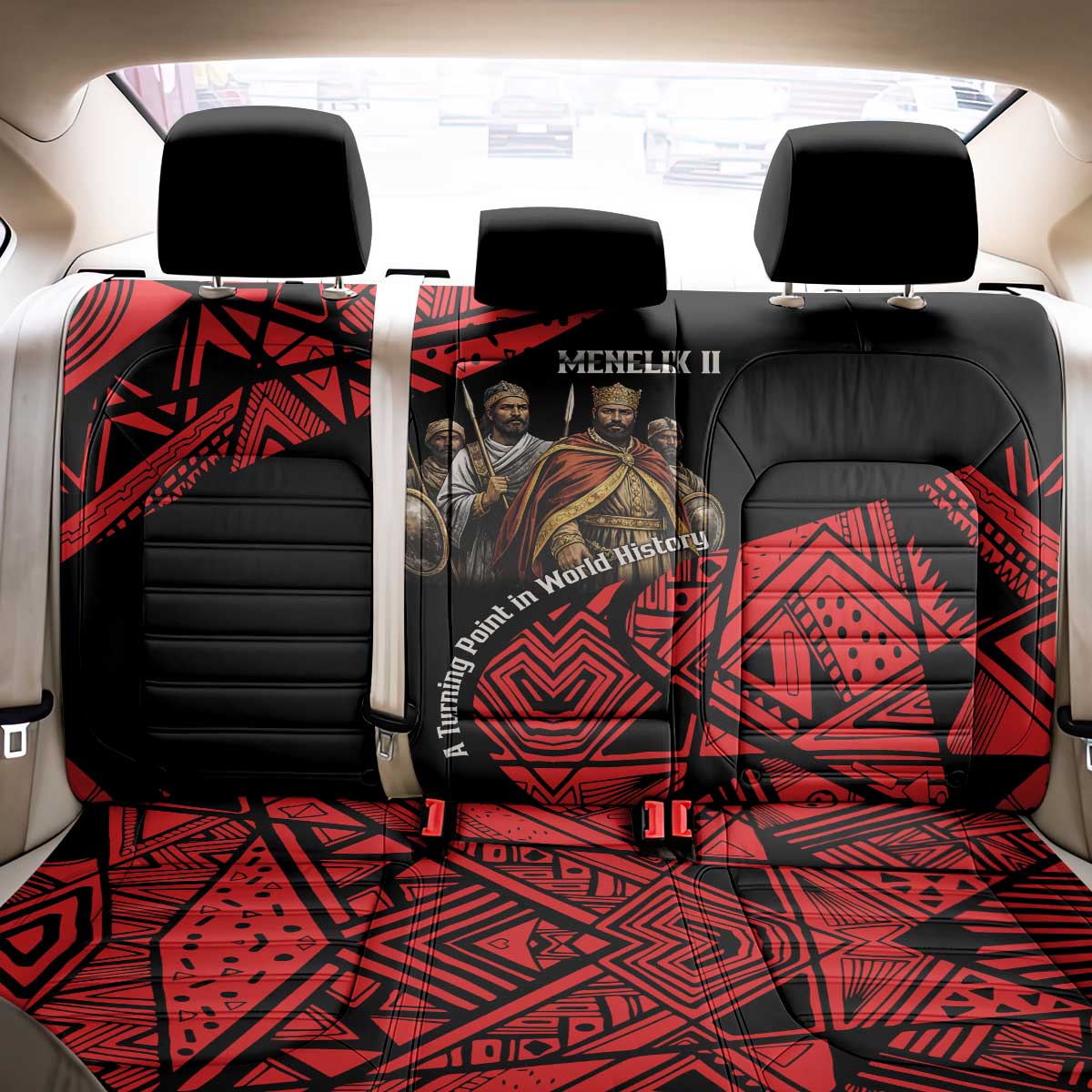 Menelik II Back Car Seat Cover with Adwa Victory Map, Africa Defeated an Empire Text and Red Geometric - Wonder Print Shop