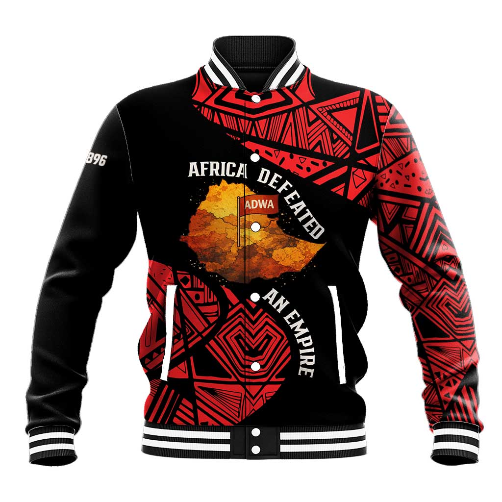 Menelik II Baseball Jacket with Adwa Victory Map, Africa Defeated an Empire Text and Red Geometric - Wonder Print Shop