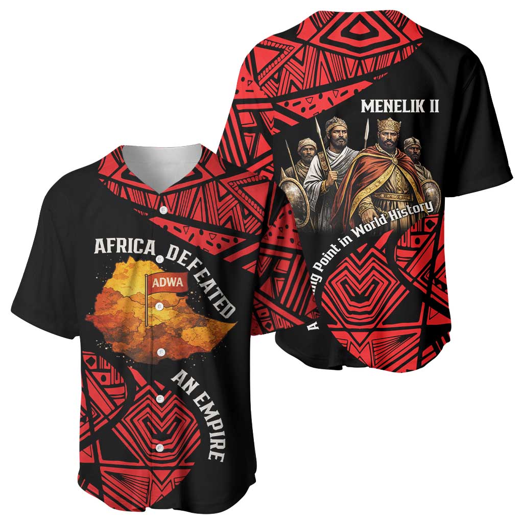 Menelik II Baseball Jersey with Adwa Victory Map, Africa Defeated an Empire Text and Red Geometric - Wonder Print Shop