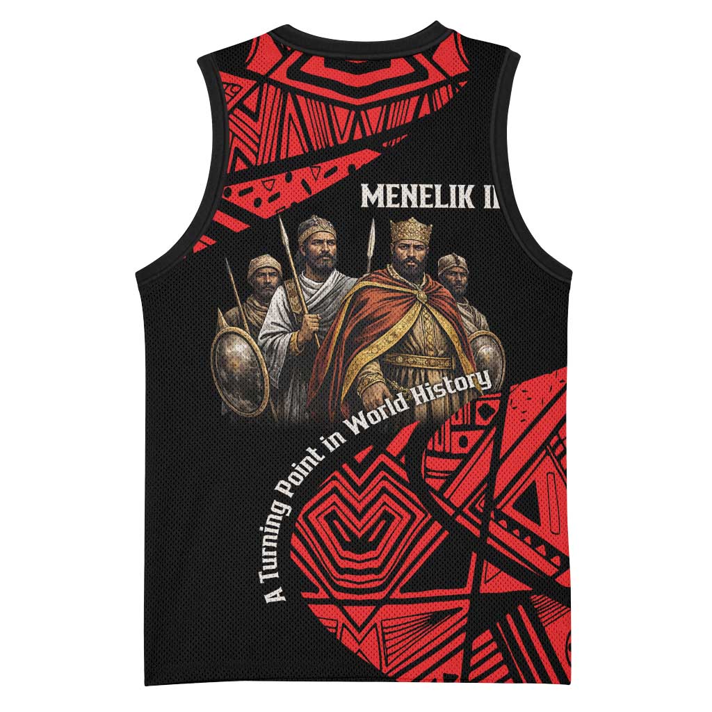Menelik II Basketball Jersey with Adwa Victory Map, Africa Defeated an Empire Text and Red Geometric - Wonder Print Shop