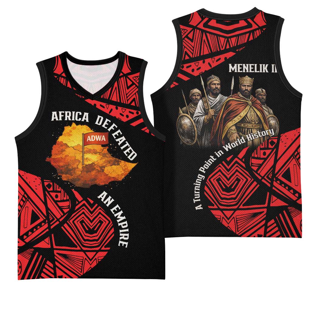 Menelik II Basketball Jersey with Adwa Victory Map, Africa Defeated an Empire Text and Red Geometric - Wonder Print Shop