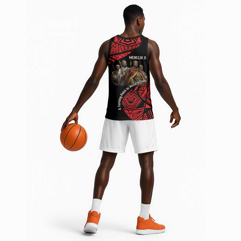 Menelik II Basketball Jersey with Adwa Victory Map, Africa Defeated an Empire Text and Red Geometric - Wonder Print Shop