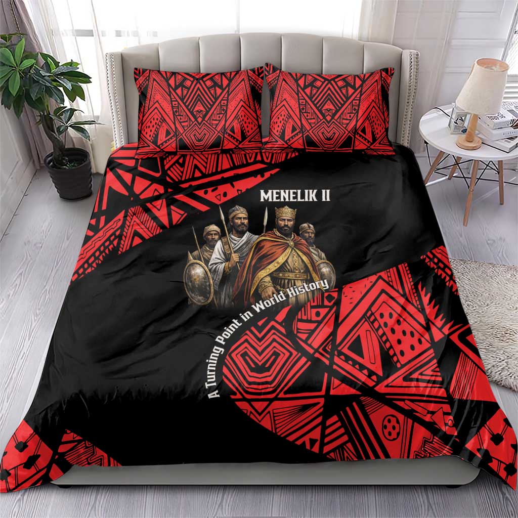 Menelik II Bedding Set with Adwa Victory Map, Africa Defeated an Empire Text and Red Geometric - Wonder Print Shop