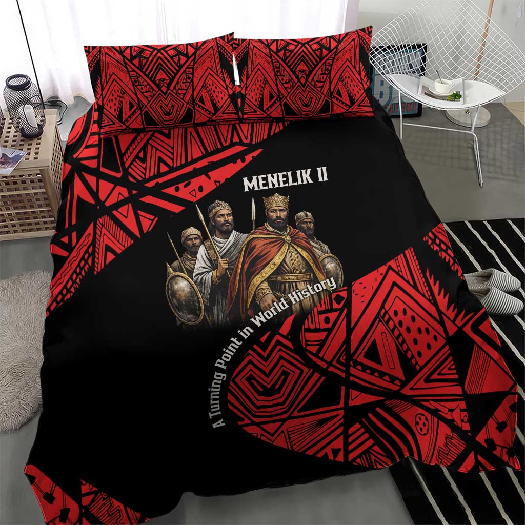 Menelik II Bedding Set with Adwa Victory Map, Africa Defeated an Empire Text and Red Geometric - Wonder Print Shop
