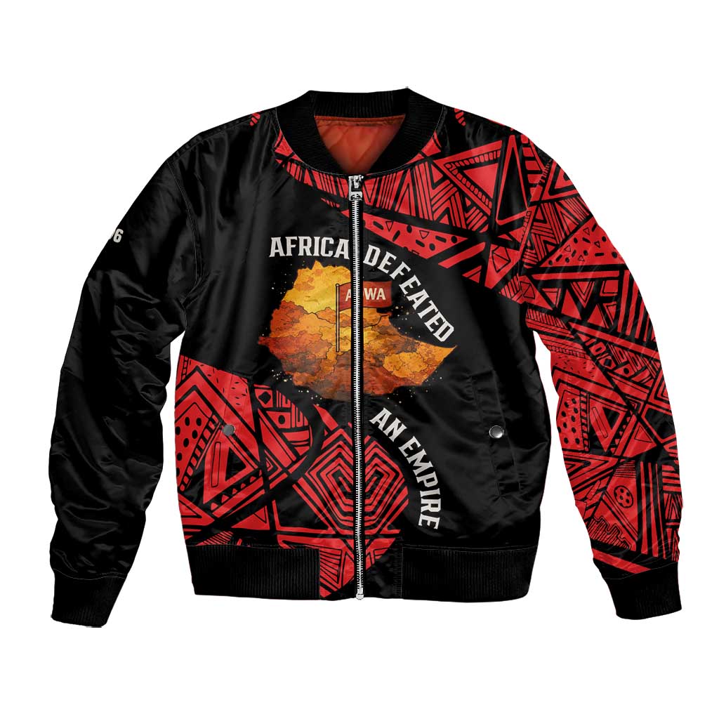 Menelik II Bomber Jacket with Adwa Victory Map, Africa Defeated an Empire Text and Red Geometric - Wonder Print Shop