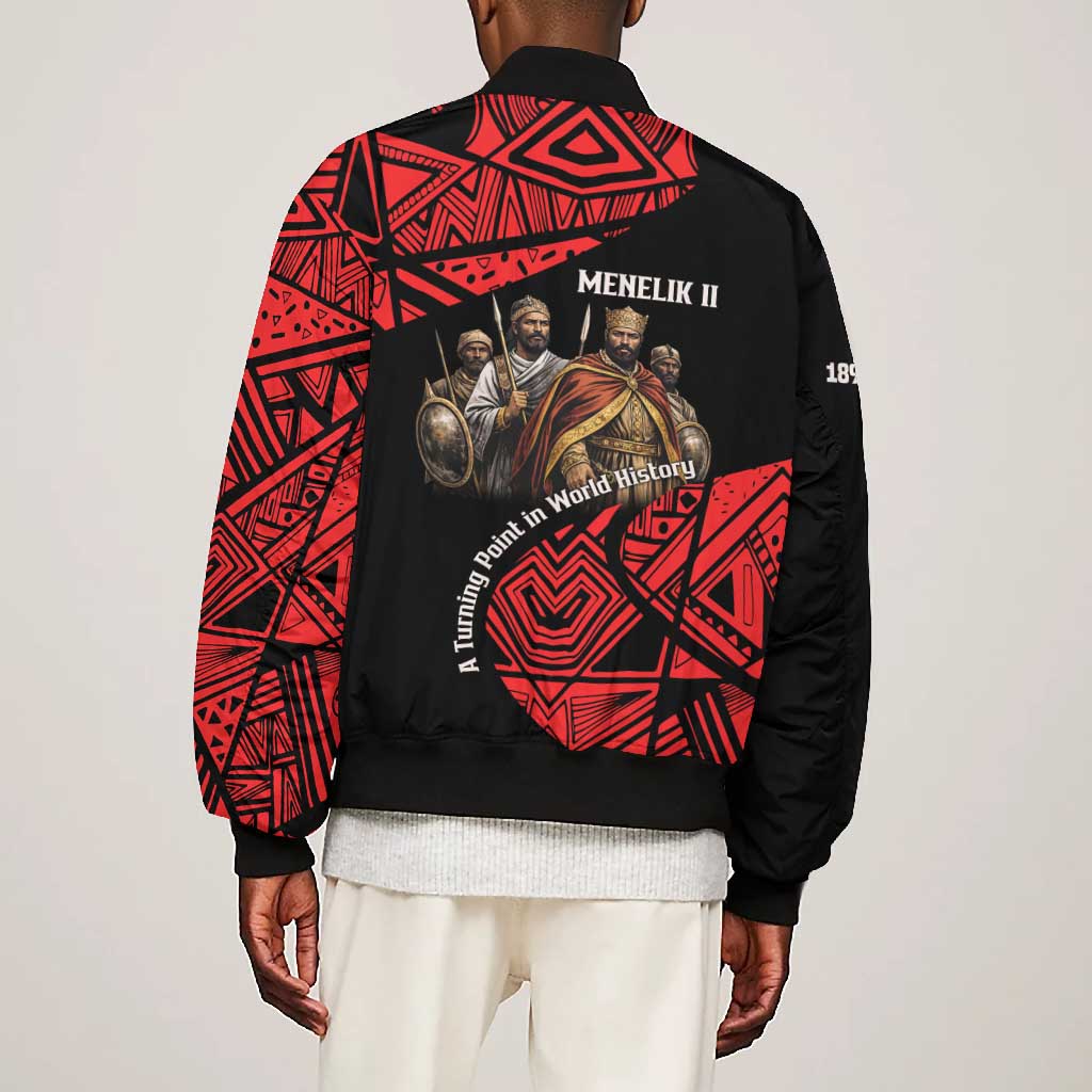 Menelik II Bomber Jacket with Adwa Victory Map, Africa Defeated an Empire Text and Red Geometric - Wonder Print Shop