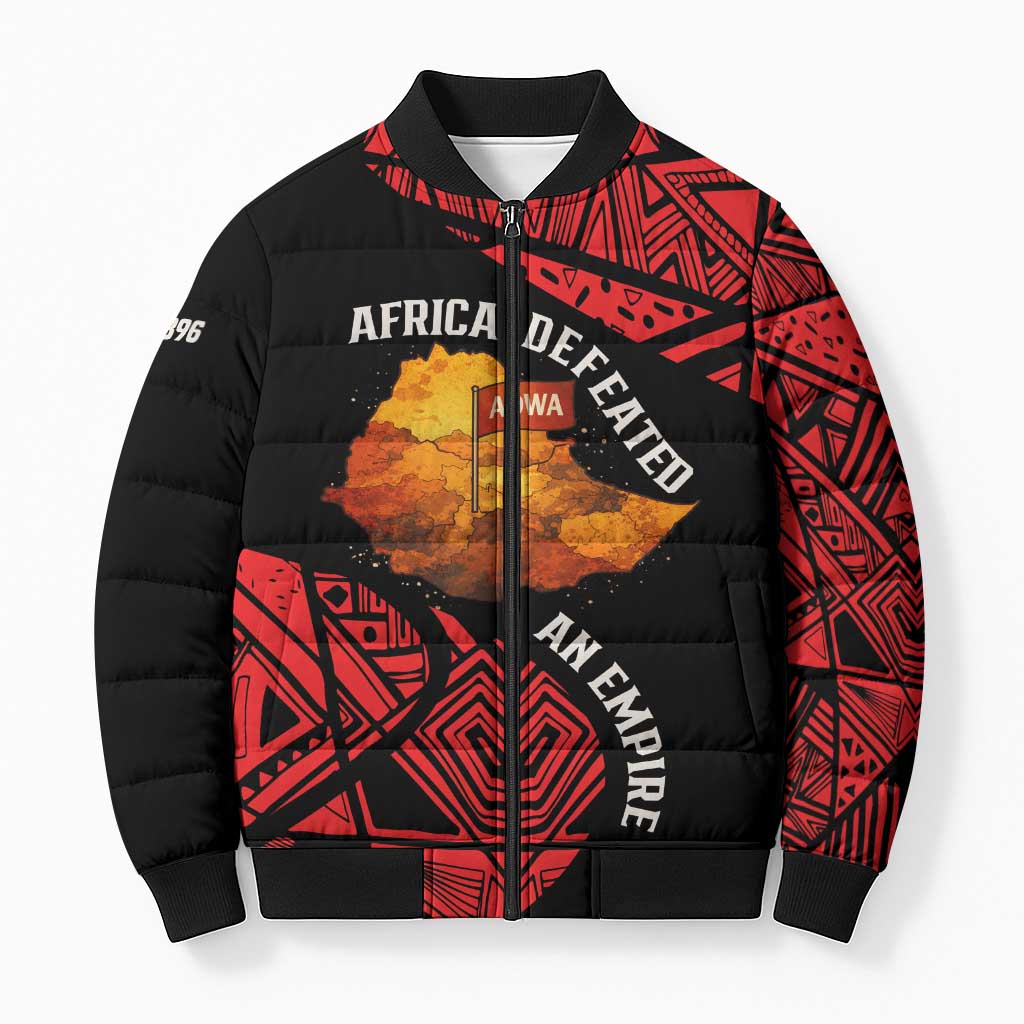 Menelik II Bomber Puffer Jacket with Adwa Victory Map, Africa Defeated an Empire Text and Red Geometric - Wonder Print Shop