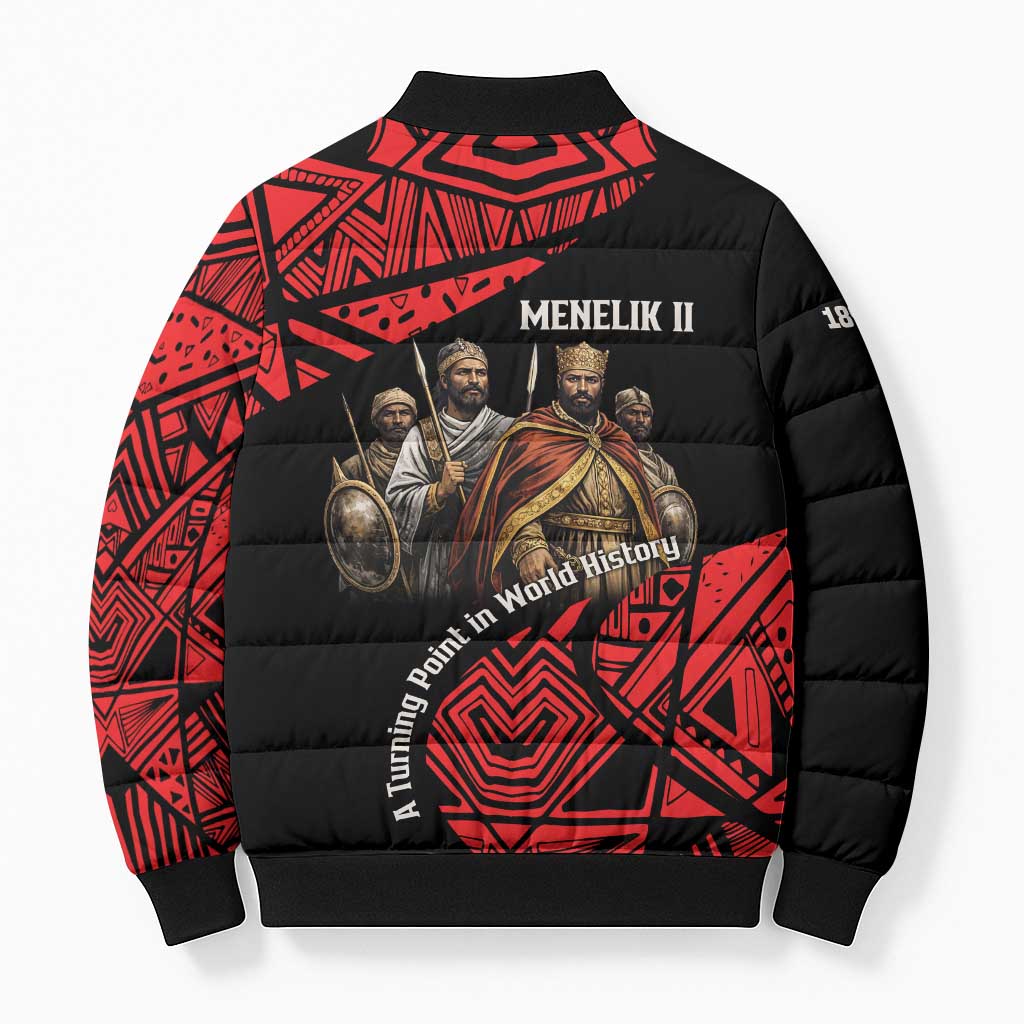Menelik II Bomber Puffer Jacket with Adwa Victory Map, Africa Defeated an Empire Text and Red Geometric - Wonder Print Shop