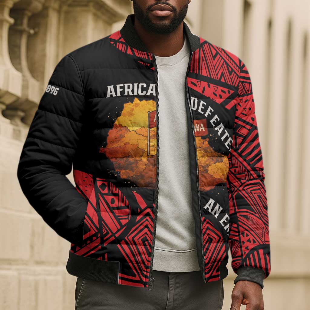 Menelik II Bomber Puffer Jacket with Adwa Victory Map, Africa Defeated an Empire Text and Red Geometric - Wonder Print Shop