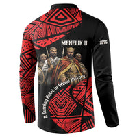 Menelik II Button Sweatshirt with Adwa Victory Map, Africa Defeated an Empire Text and Red Geometric