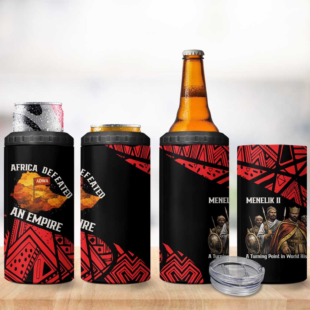 Menelik II 4 in 1 Can Cooler Tumbler with Adwa Victory Map, Africa Defeated an Empire Text and Red Geometric - Wonder Print Shop