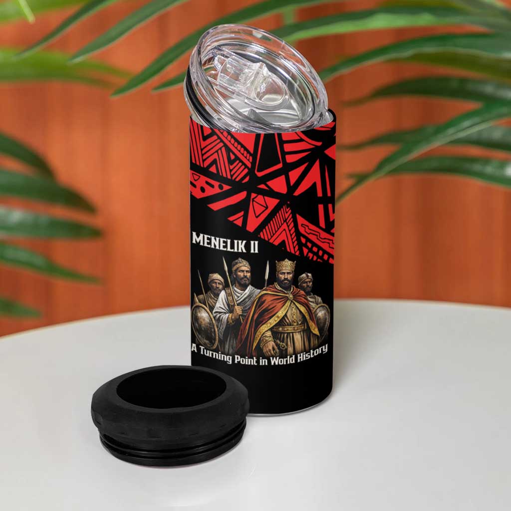Menelik II 4 in 1 Can Cooler Tumbler with Adwa Victory Map, Africa Defeated an Empire Text and Red Geometric - Wonder Print Shop