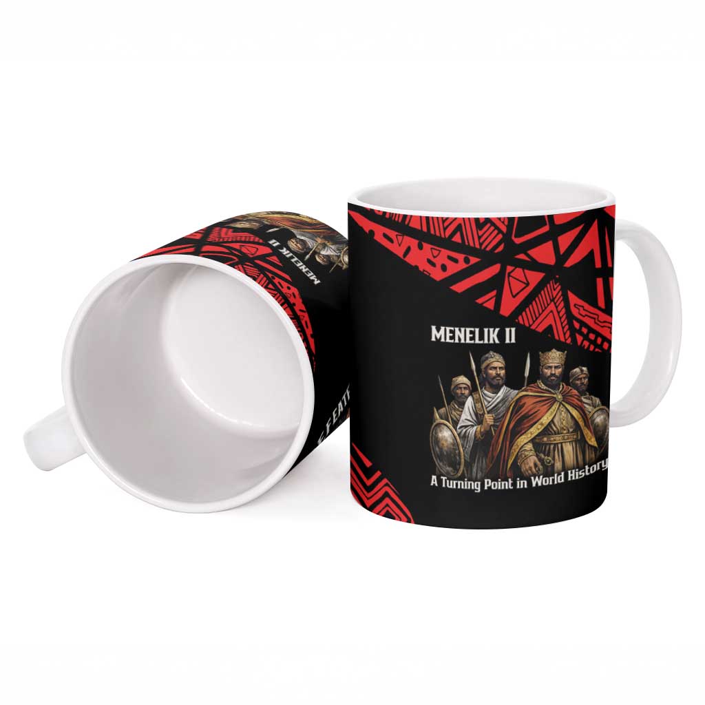 Menelik II Ceramic Mug with Adwa Victory Map, Africa Defeated an Empire Text and Red Geometric - Wonder Print Shop