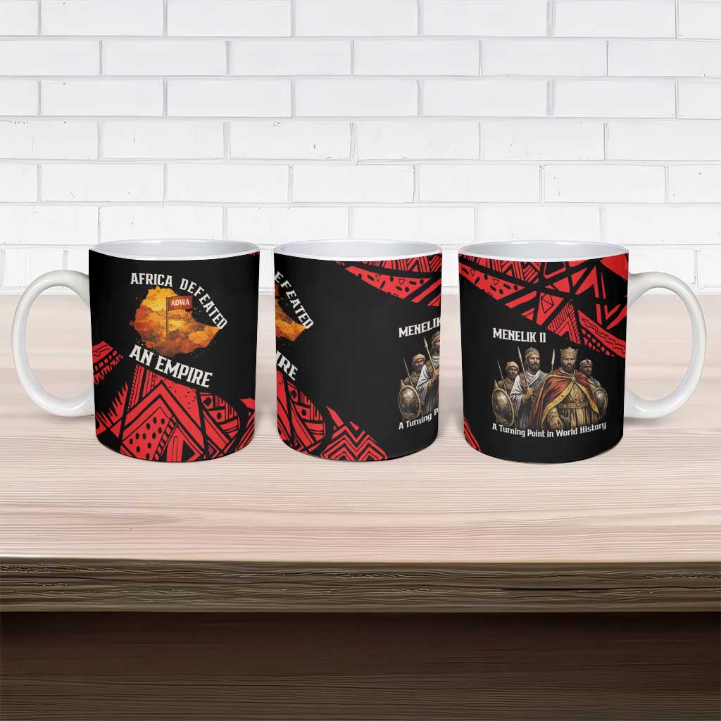 Menelik II Ceramic Mug with Adwa Victory Map, Africa Defeated an Empire Text and Red Geometric - Wonder Print Shop