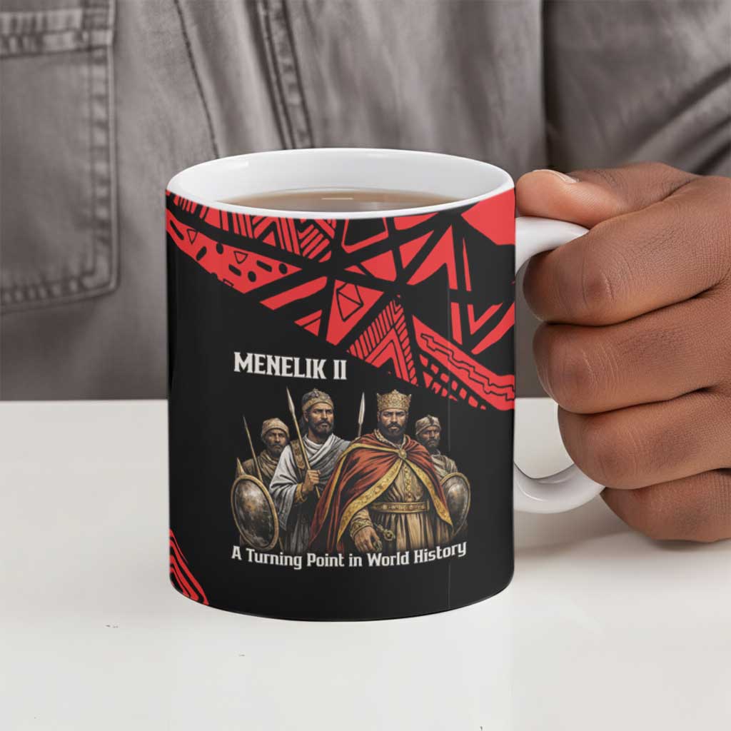 Menelik II Ceramic Mug with Adwa Victory Map, Africa Defeated an Empire Text and Red Geometric - Wonder Print Shop