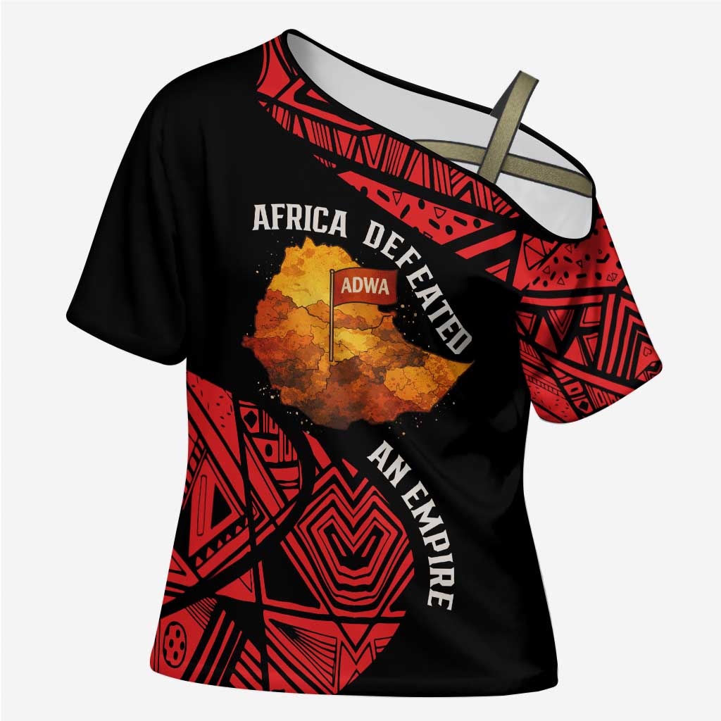 Menelik II Cross Shoulder Shirt with Adwa Victory Map, Africa Defeated an Empire Text and Red Geometric - Wonder Print Shop