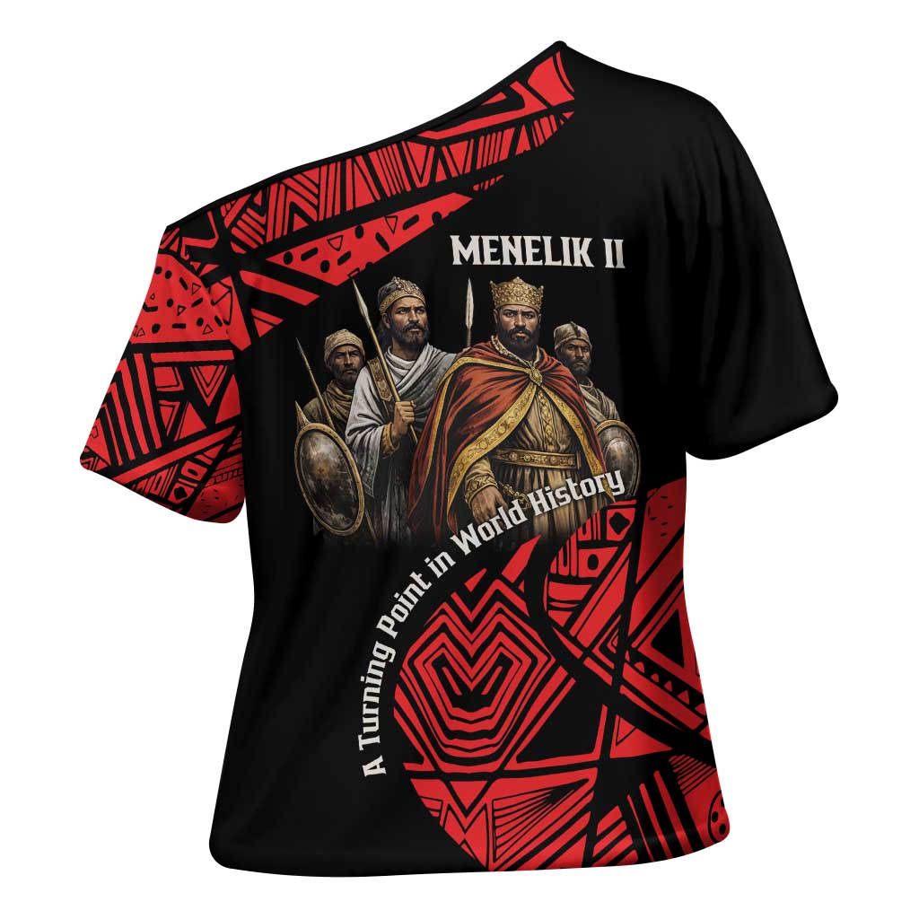 Menelik II Cross Shoulder Shirt with Adwa Victory Map, Africa Defeated an Empire Text and Red Geometric - Wonder Print Shop