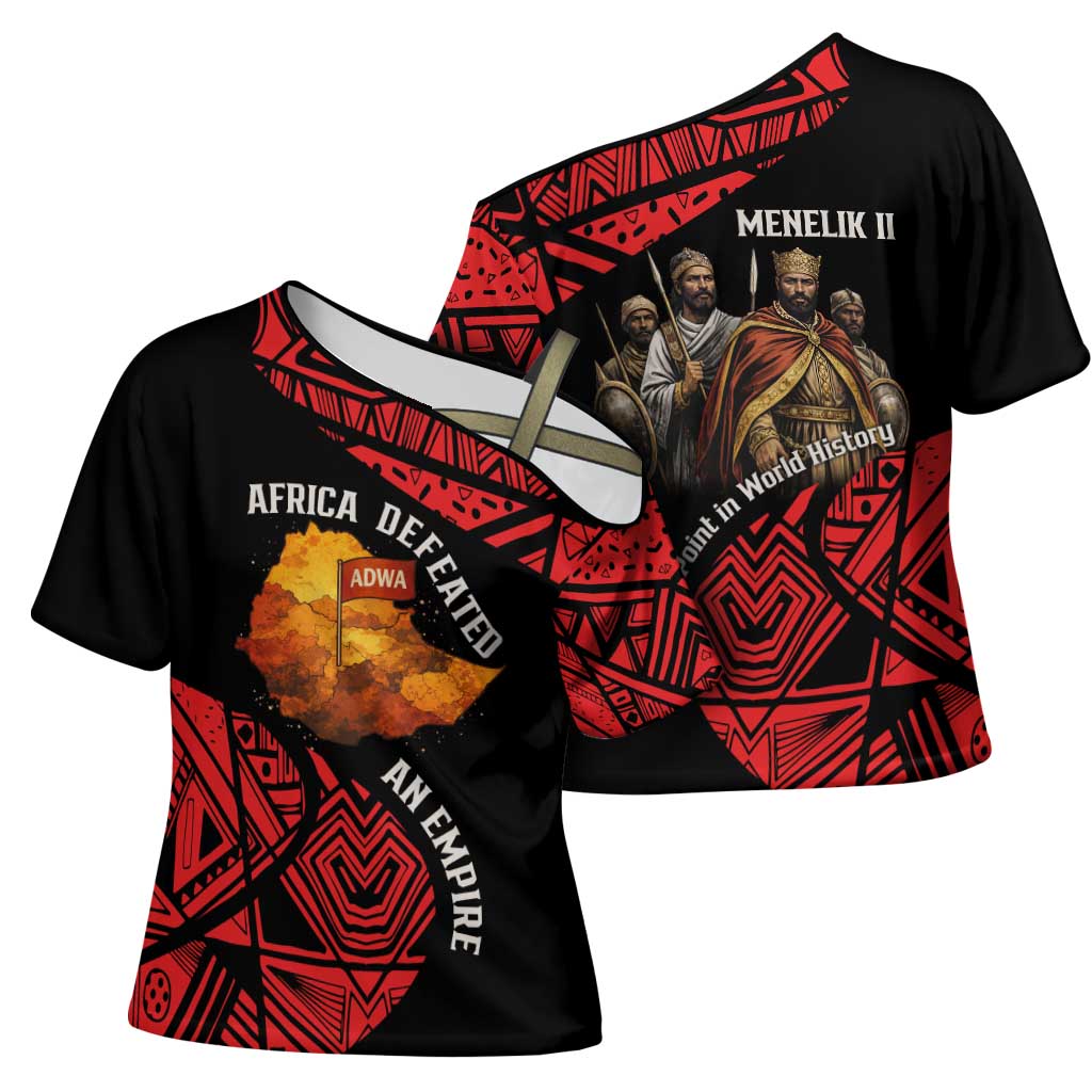 Menelik II Cross Shoulder Shirt with Adwa Victory Map, Africa Defeated an Empire Text and Red Geometric - Wonder Print Shop
