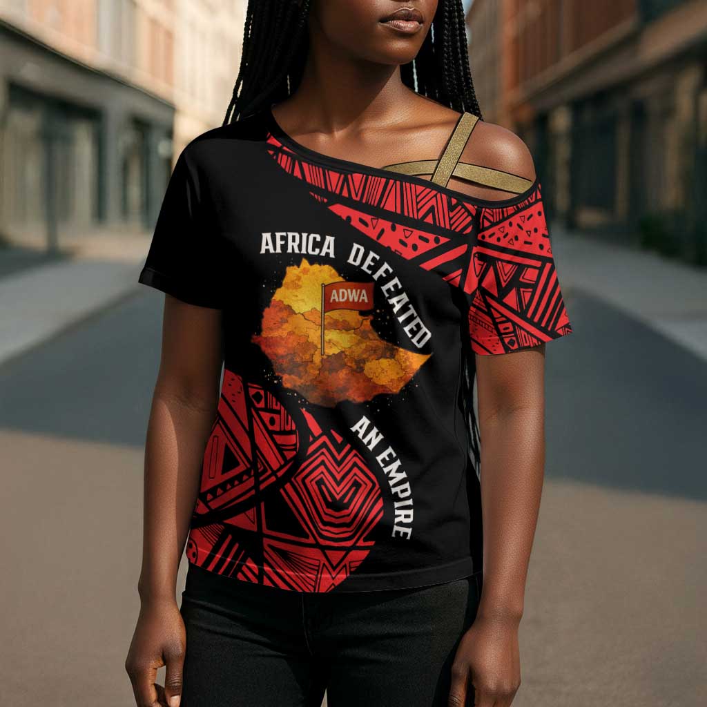 Menelik II Cross Shoulder Shirt with Adwa Victory Map, Africa Defeated an Empire Text and Red Geometric - Wonder Print Shop