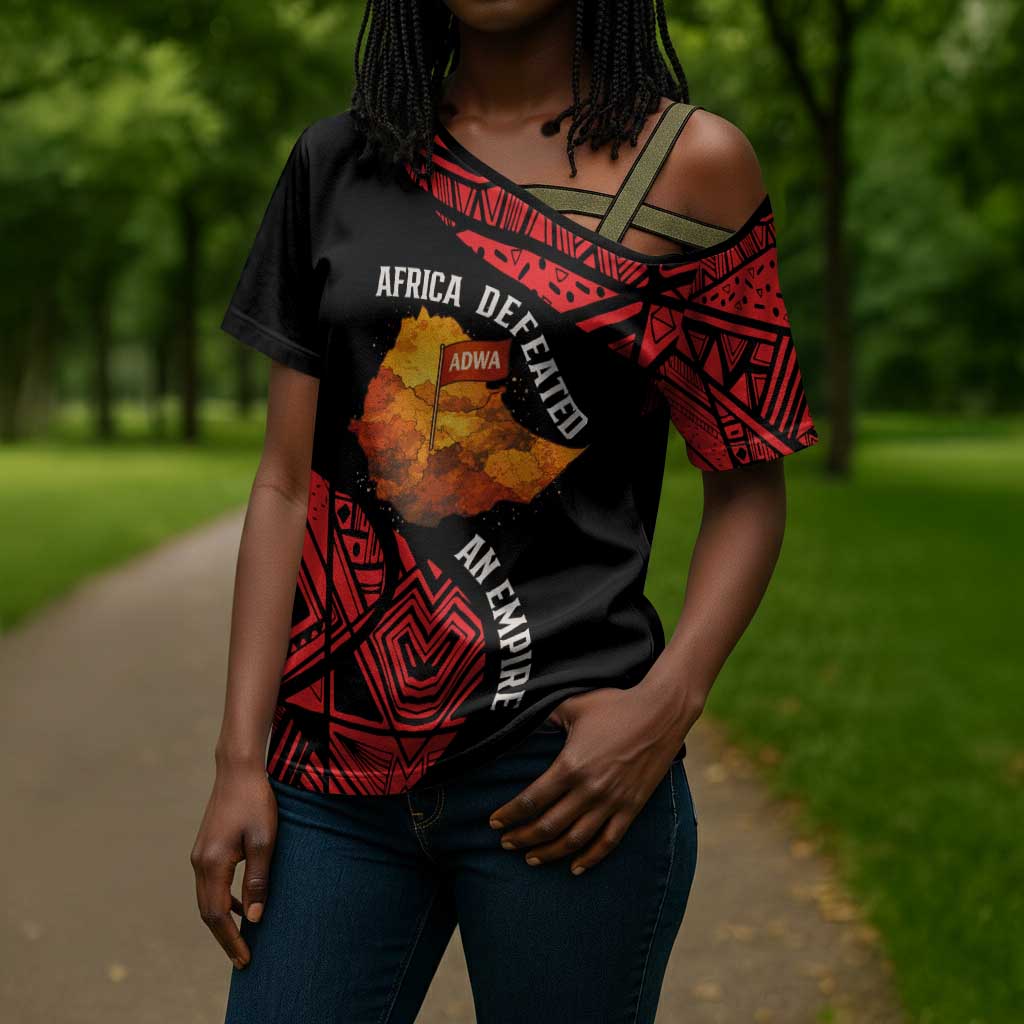 Menelik II Cross Shoulder Shirt with Adwa Victory Map, Africa Defeated an Empire Text and Red Geometric - Wonder Print Shop