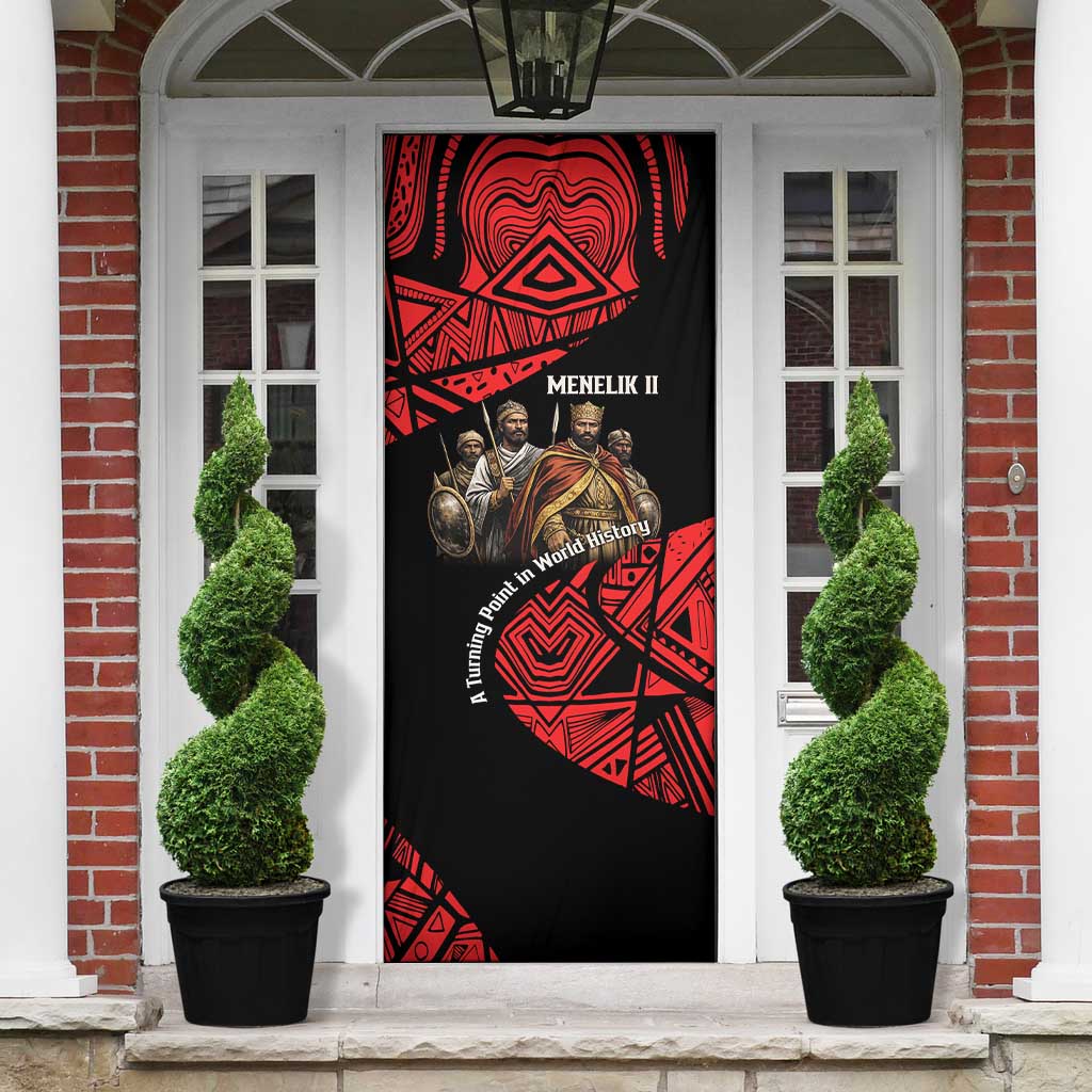 Menelik II Door Cover with Adwa Victory Map, Africa Defeated an Empire Text and Red Geometric - Wonder Print Shop