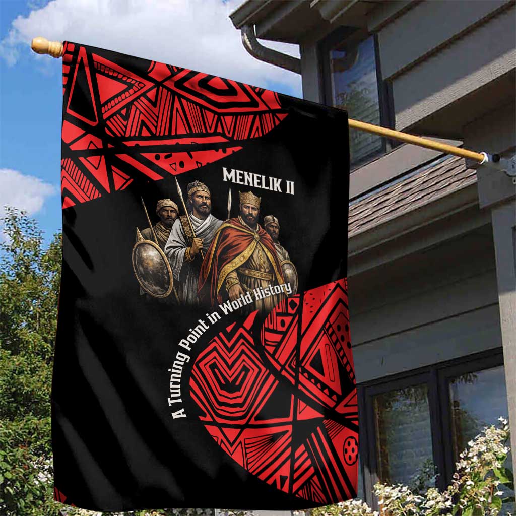 Menelik II Garden Flag with Adwa Victory Map, Africa Defeated an Empire Text and Red Geometric - Wonder Print Shop