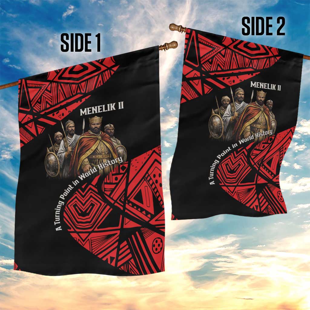 Menelik II Garden Flag with Adwa Victory Map, Africa Defeated an Empire Text and Red Geometric - Wonder Print Shop