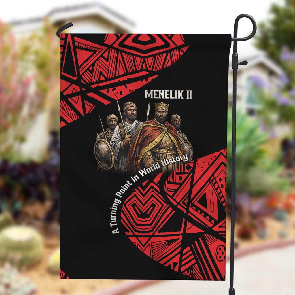 Menelik II Garden Flag with Adwa Victory Map, Africa Defeated an Empire Text and Red Geometric - Wonder Print Shop
