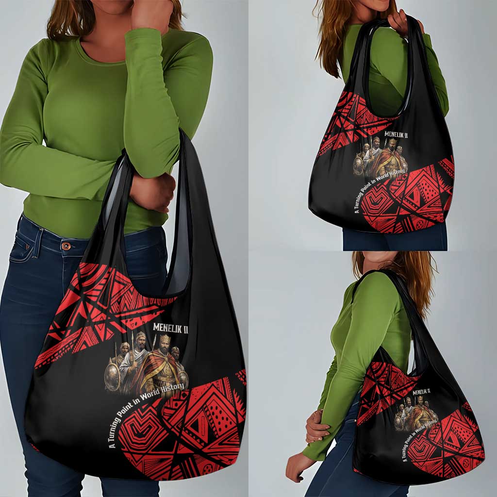 Menelik II Grocery Bag with Adwa Victory Map, Africa Defeated an Empire Text and Red Geometric - Wonder Print Shop