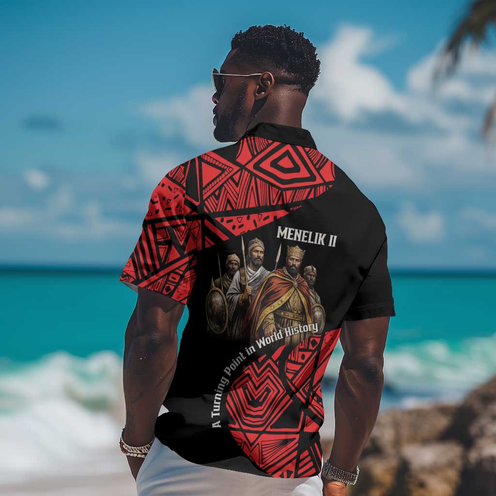 Menelik II Hawaiian Shirt with Adwa Victory Map, Africa Defeated an Empire Text and Red Geometric - Wonder Print Shop