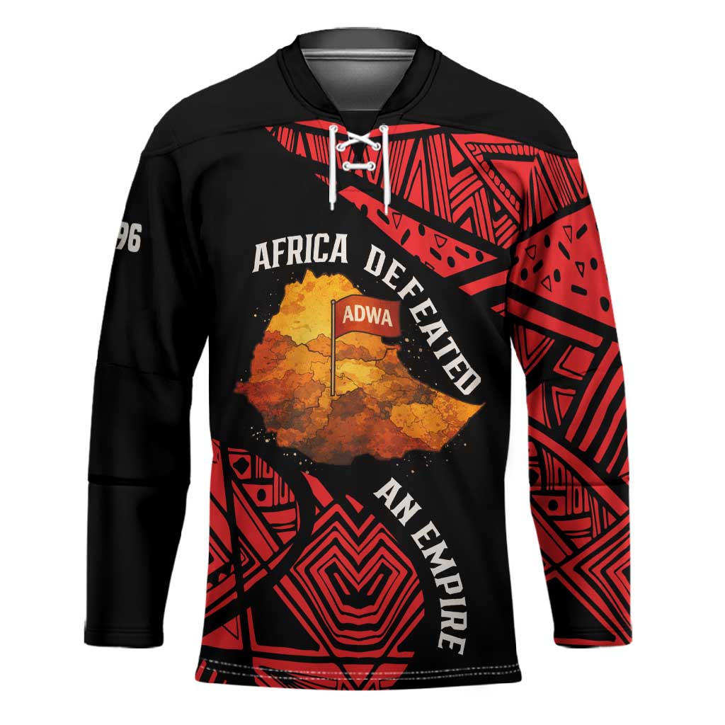 Menelik II Hockey Jersey with Adwa Victory Map, Africa Defeated an Empire Text and Red Geometric - Wonder Print Shop