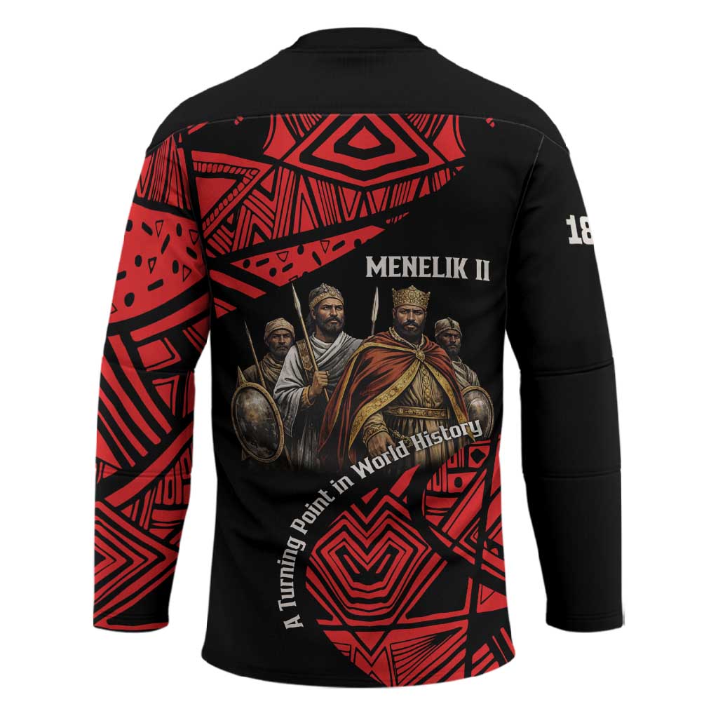 Menelik II Hockey Jersey with Adwa Victory Map, Africa Defeated an Empire Text and Red Geometric - Wonder Print Shop