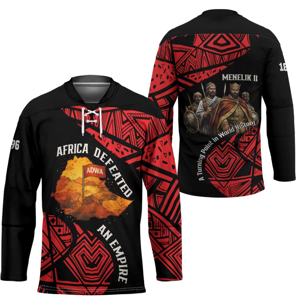 Menelik II Hockey Jersey with Adwa Victory Map, Africa Defeated an Empire Text and Red Geometric - Wonder Print Shop